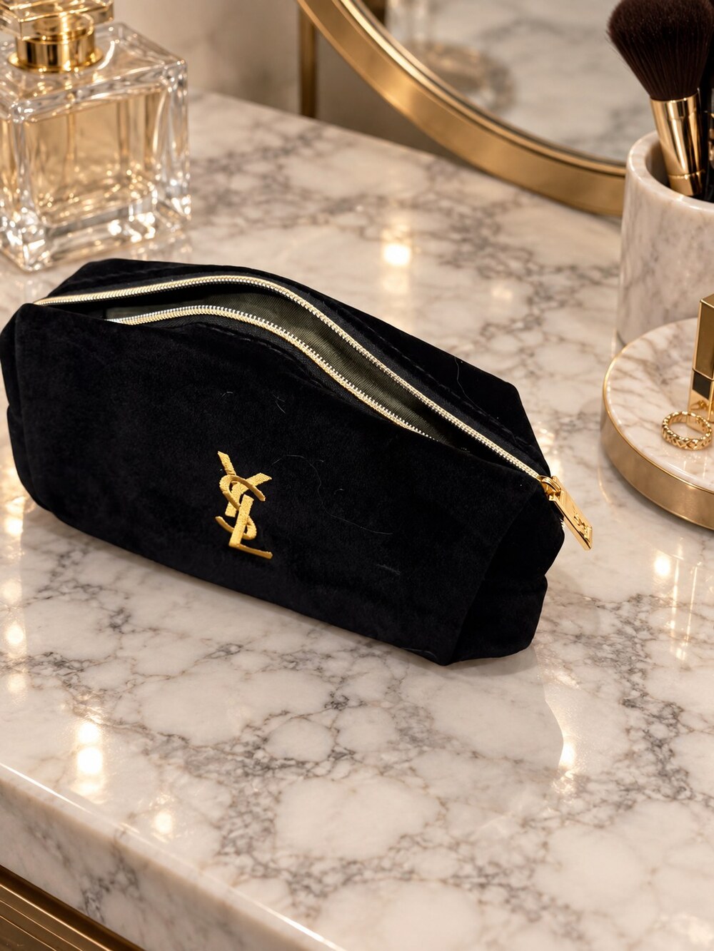 Yves Saint Laurent Black Velvet Makeup Bag | Gold-Tone YSL Logo - Picture 2 of 6